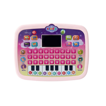 Child's hand interacting with an educational learning tablet featuring a fun animal sound game, ideal for toddler activities