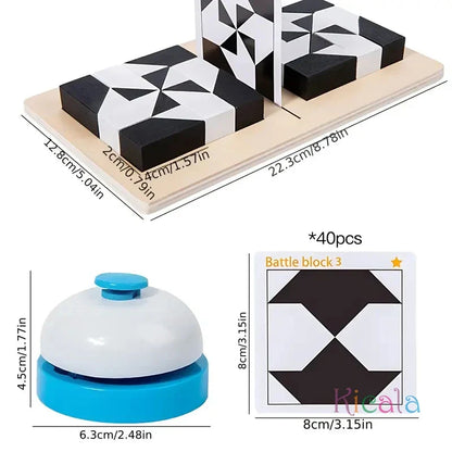 Children playing with an educational logic puzzle game, brain-teasing wooden toy