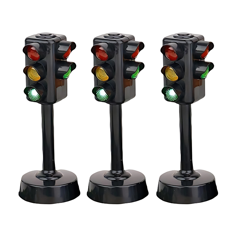 Children playing with a mini traffic light toy, a fun role-play and classroom resource for road safety