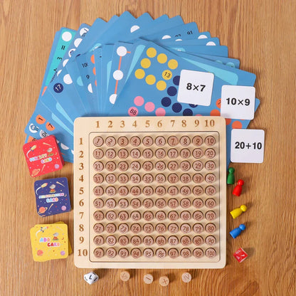 Close-up of kids' multiplication math game board with colorful wooden pieces, engaging learning tool