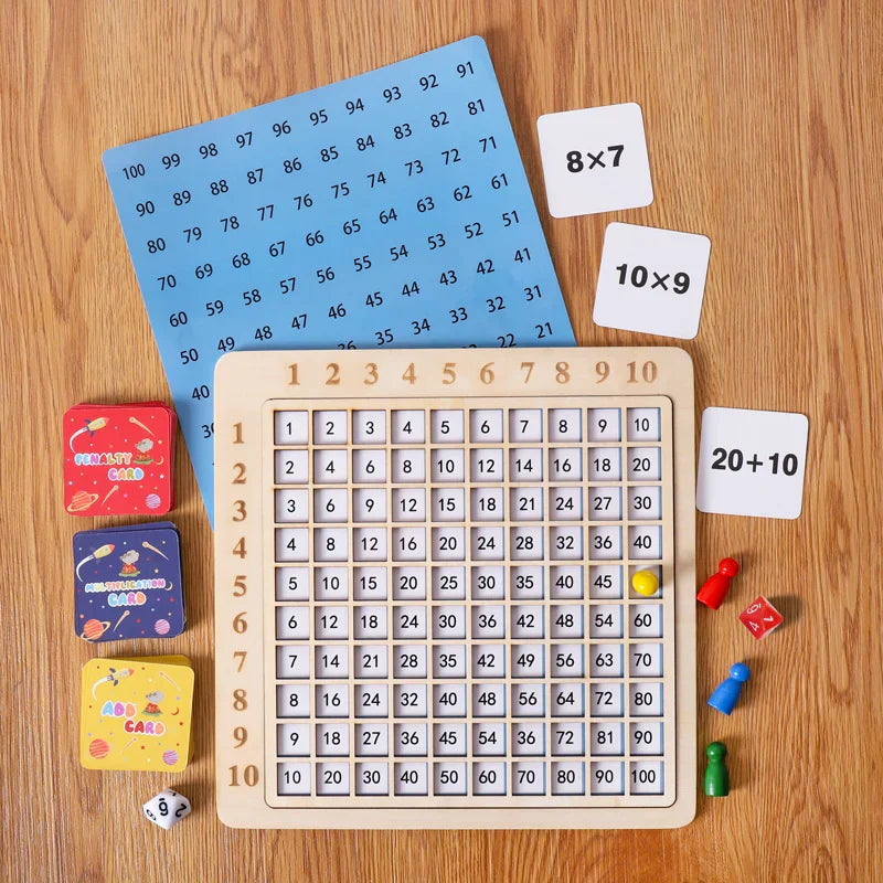 Children playing with wooden multiplication math game board, fun educational toy & activity