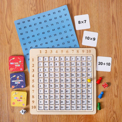Children playing with wooden multiplication math game board, fun educational toy & activity