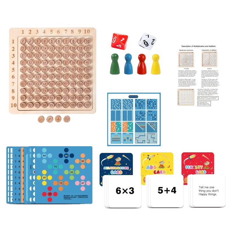 Multiplication math game board, durable wooden construction for early STEM learning in kids