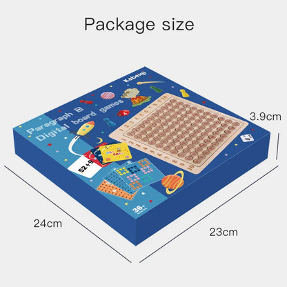 Top-down view of kids' math multiplication game board with numbers & blocks, interactive learning toy