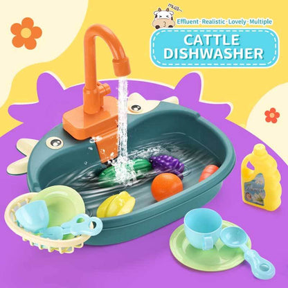 Kids' educational play kitchen sink toy with running water, blue faucet, washing dishes for toddlers