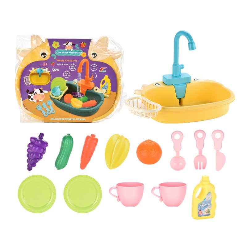 Children having fun with the educational running water play kitchen sink, interactive toy gift