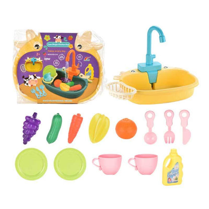 Children having fun with the educational running water play kitchen sink, interactive toy gift