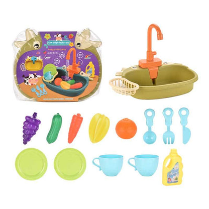 Complete set of a kids' educational play kitchen sink toy with accessories on a white background