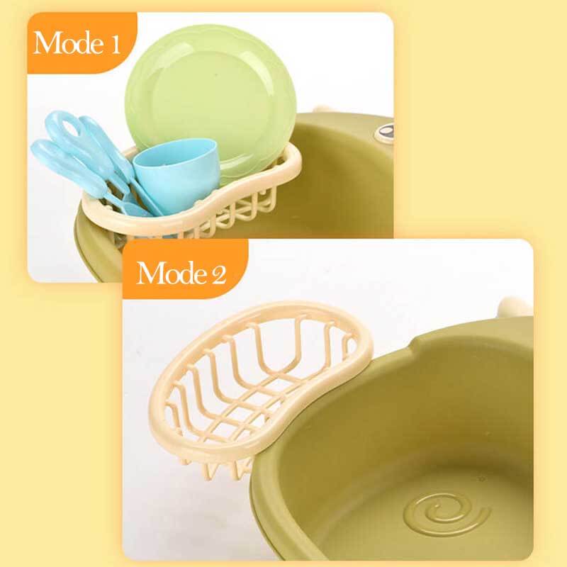 Kids' role play kitchen sink toy with blue countertop, faucet, dish rack, and plastic utensils