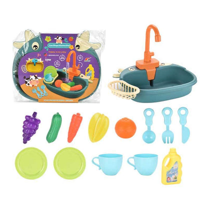 Pretend play kitchen sink toy, promoting fine motor skills and educational dishwashing activities