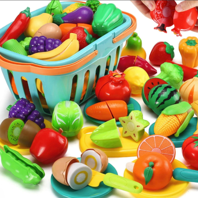Kids' educational pretend play fruit and vegetable cutting toy set for toddlers, Montessori cooking.