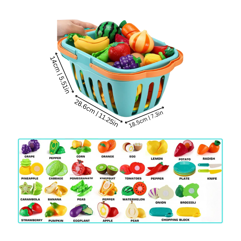 Toddler pretend play cutting food set with colorful fruit and vegetable toys for early learning.