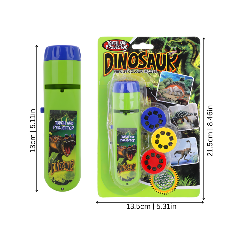 Child playing with educational projector flashlight toy, projecting animal images