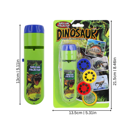 Child playing with educational projector flashlight toy, projecting animal images