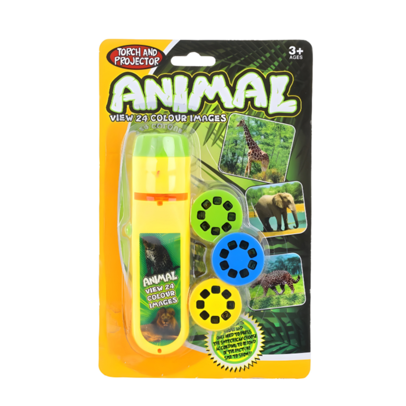 Toddler grasping kid's educational projector flashlight with colorful slide