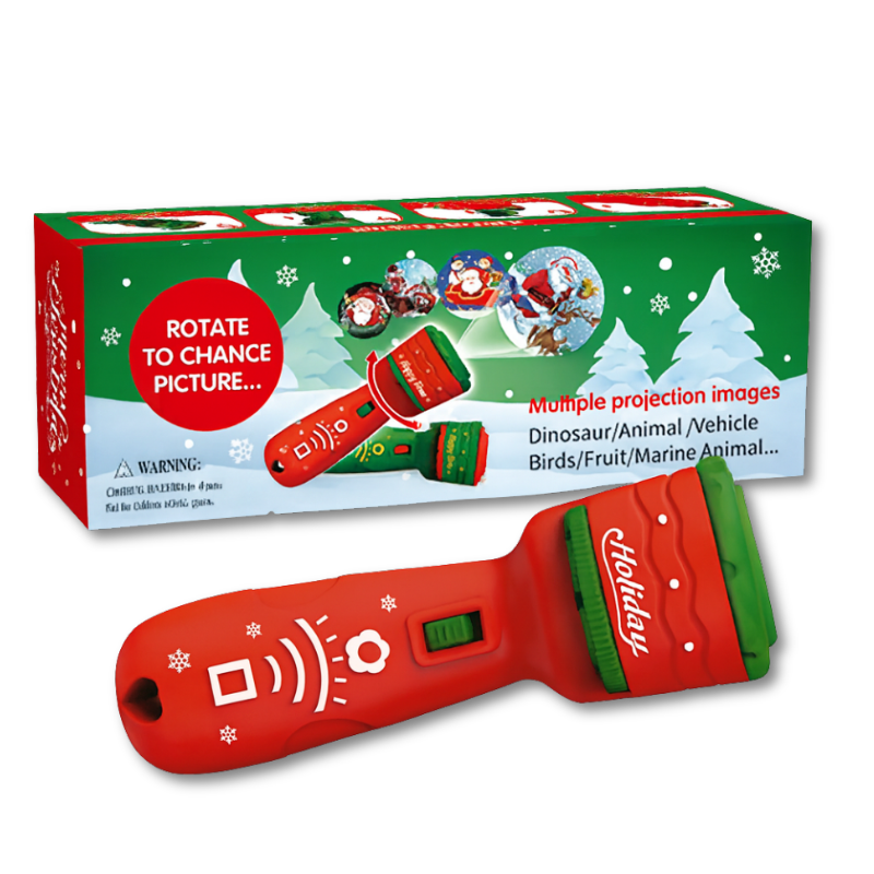 Hand holding kids' educational projector flashlight toy, illuminating a dark room