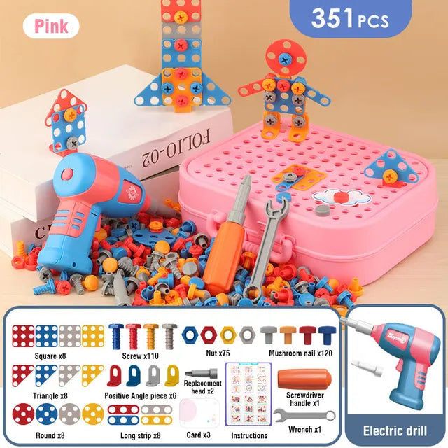Kids' screw drill toy set with a storage case, organized pieces, easy cleanup after educational play, stem toy