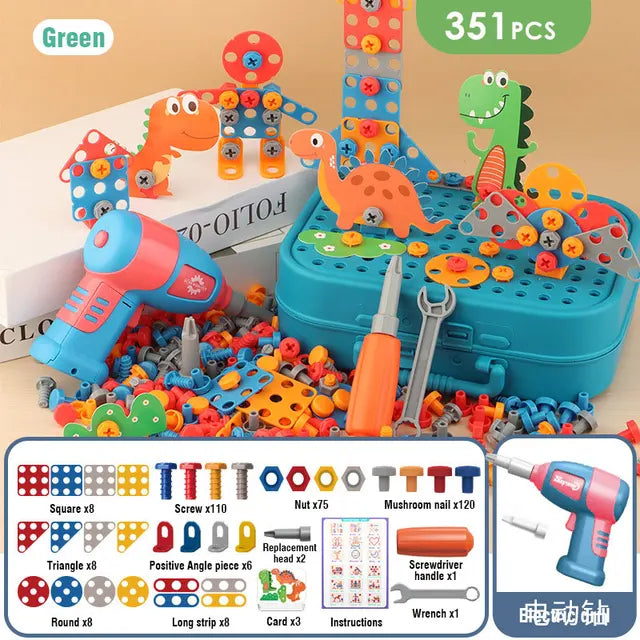Child concentrating intently while using the drill toy to build, fostering problem-solving skills, creative fun