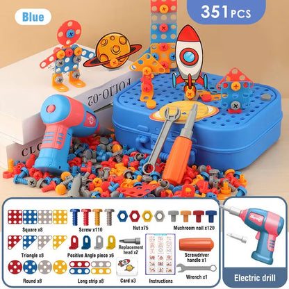 Overview of all components in the kids' educational screw drill building toy set, complete construction kit