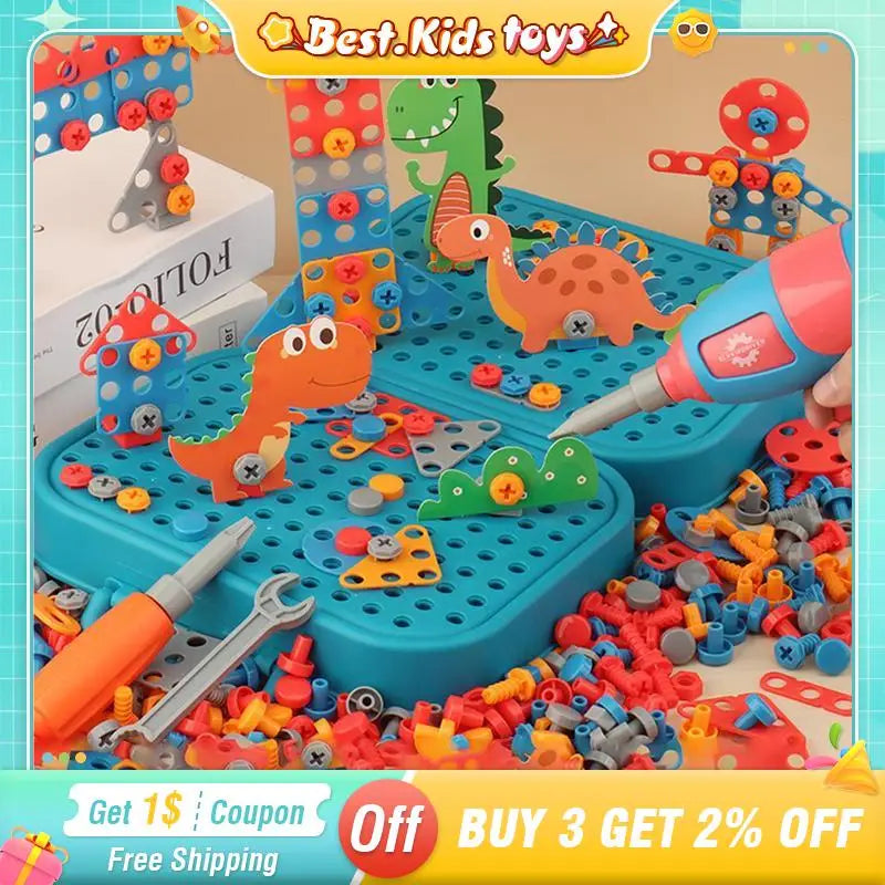 Child actively playing with screw drill toy set, constructing a vehicle, developing motor skills, creative fun