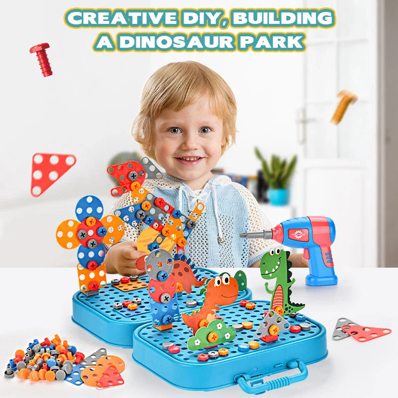 Close-up of kids' drill toy, yellow with red buttons, drilling a screw into a building block, educational play