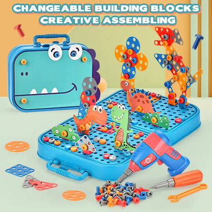 Various shapes and sizes of building blocks from the screw drill toy set, vibrant colors, construction play