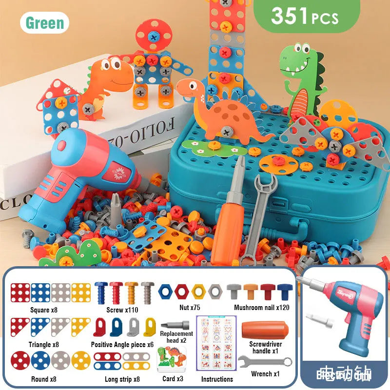 Boy and girl collaborating on a project with the screw drill building toy, enhancing teamwork and learning