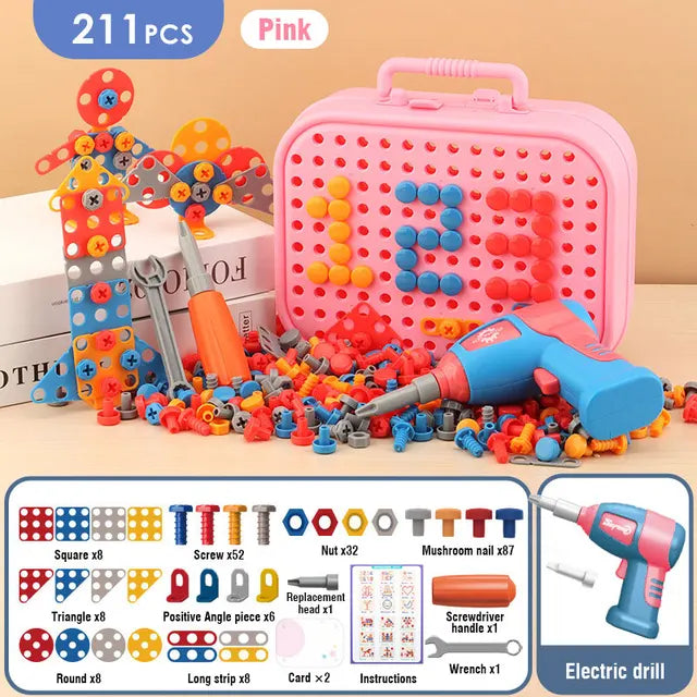 Detailed view of a kid's hand holding the drill toy, focusing on a screw, promoting fine motor development