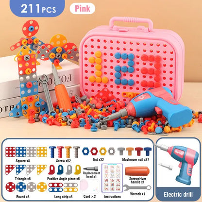 Detailed view of a kid's hand holding the drill toy, focusing on a screw, promoting fine motor development
