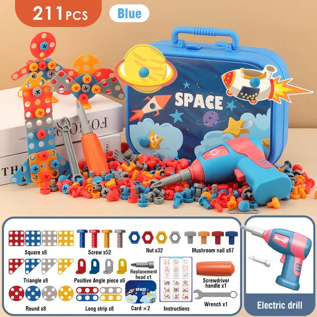 Range of colorful screws and bolts included in the kids' drill building kit, for varied construction, learning
