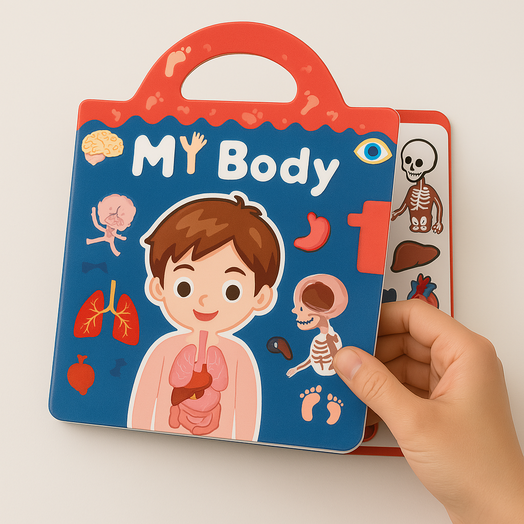 Hands interacting with a kids' educational sensory activity bag, building fine motor skills