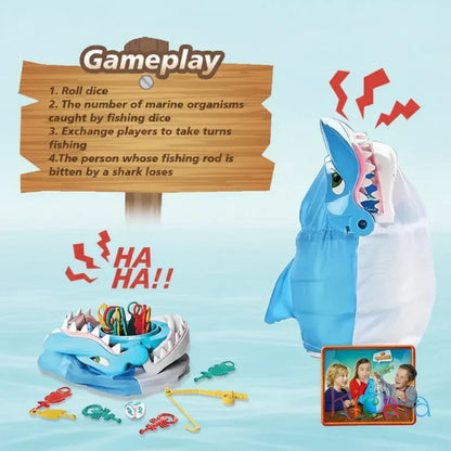 Close-up of Shark Attack kids' board game, featuring shark and sea creature pieces