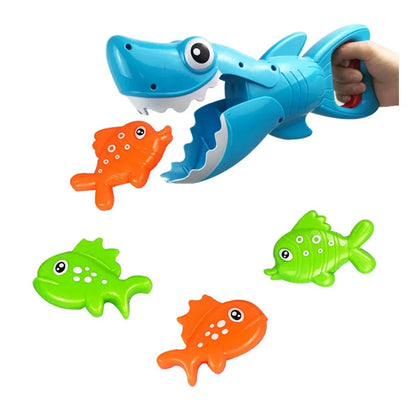 Toddler learning shark bath toy, great for developing motor skills during interactive water play.