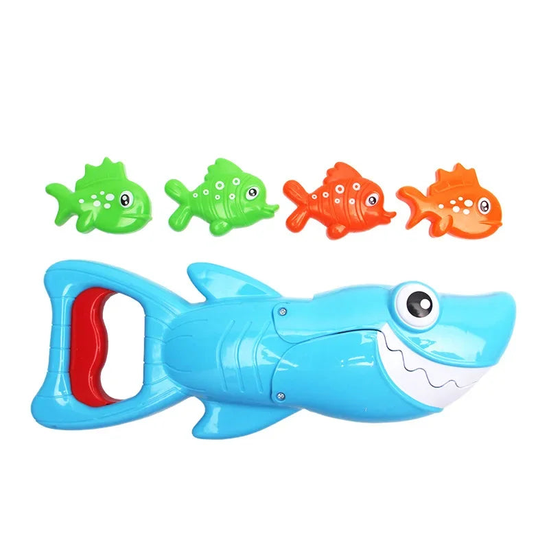 Interactive kids' bath toy: a shark grabber designed for educational play and motor skills.