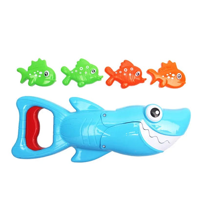 Interactive kids' bath toy: a shark grabber designed for educational play and motor skills.