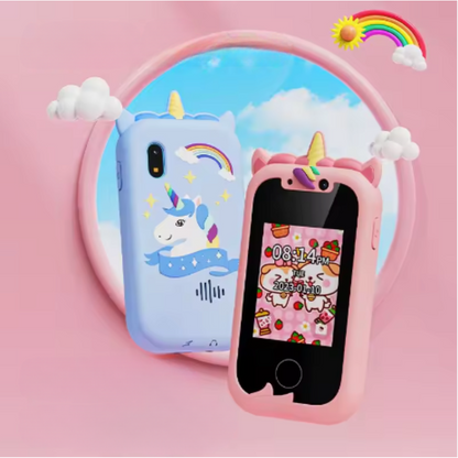 Kids' educational smart device with dual cameras, showing a child playing a learning game.