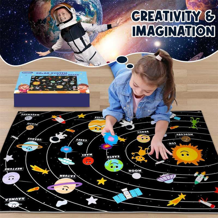 Full view of kids' solar system felt board set, space play set with moon, stars & rockets