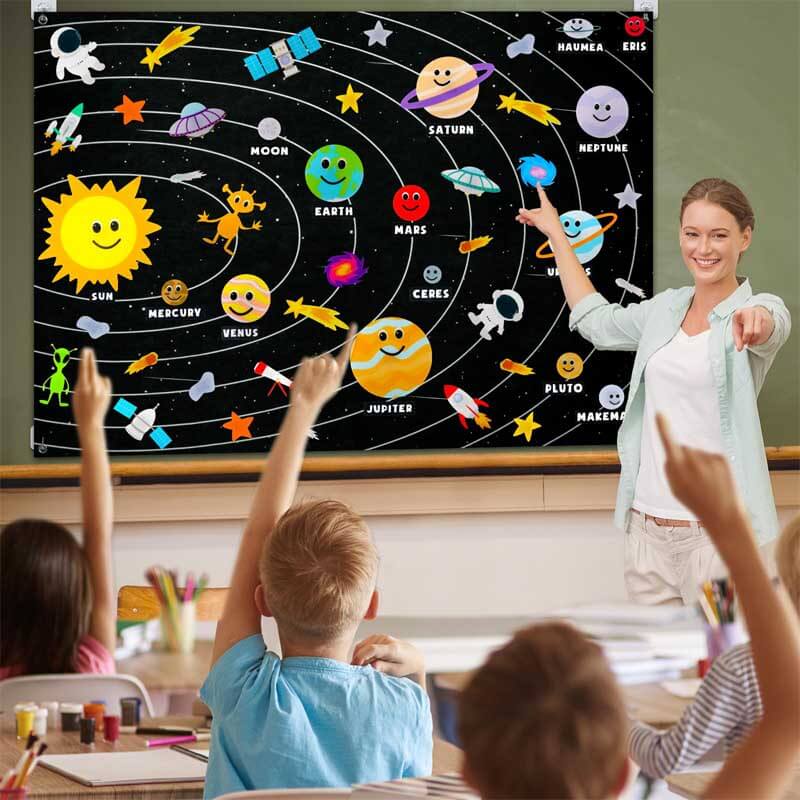 Educational toy felt board, solar system themed, with various planets and a sun cutout for kids