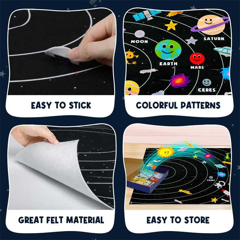 Child enjoying a solar system felt board set, a fun and educational space play kit for young learners
