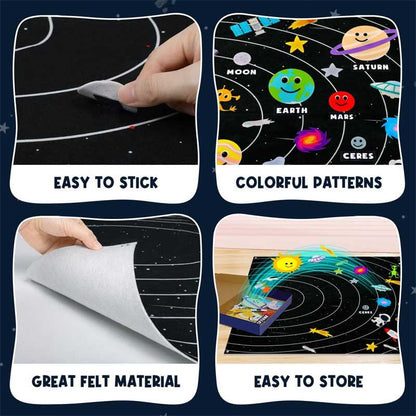 Child enjoying a solar system felt board set, a fun and educational space play kit for young learners