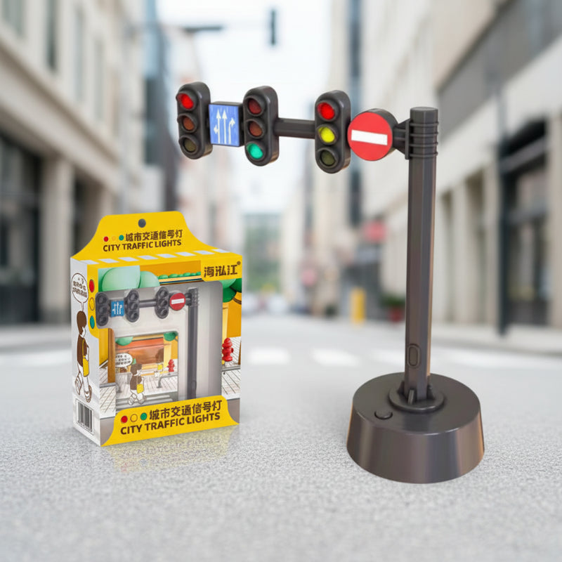 Kids playing with a traffic signal and vehicle toy set, learning road safety concepts