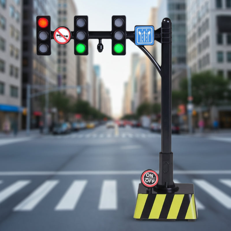 Detailed view of a toy traffic light changing colors, part of an educational kids' set
