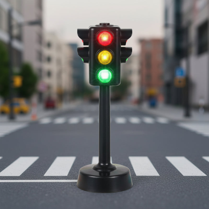 Toddler engaging with an educational traffic signal and vehicle toy for early development