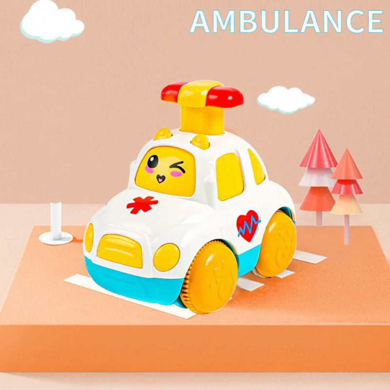 Children's hands moving toy cars on a road map, part of an educational traffic puzzle