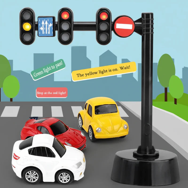 Various toy vehicles and traffic signs arranged on a mat for kids' early learning activity