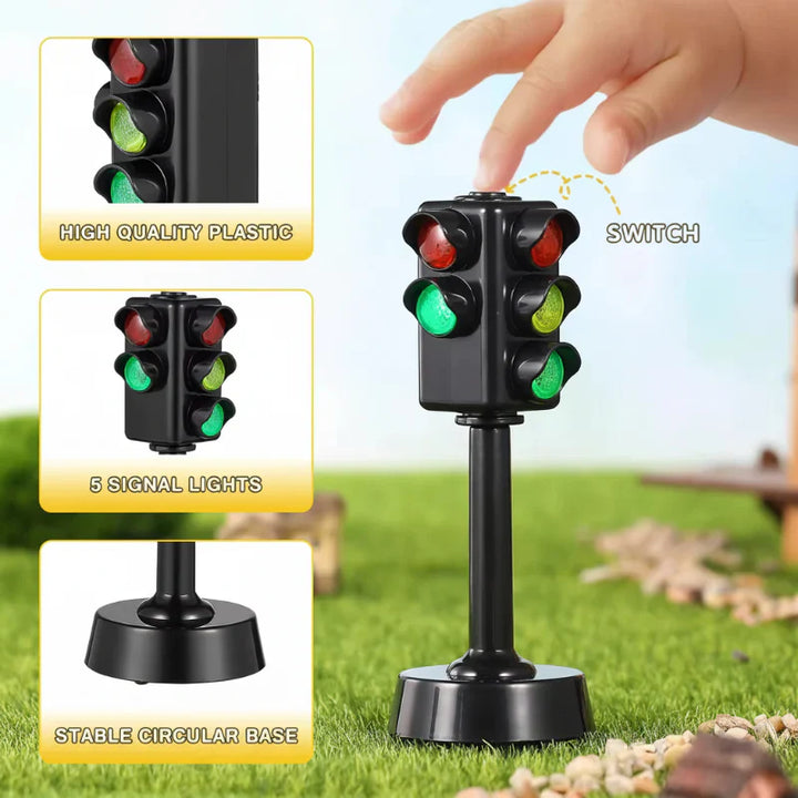 Overhead view of a kids' traffic puzzle set with toy cars, trucks, and signal lights