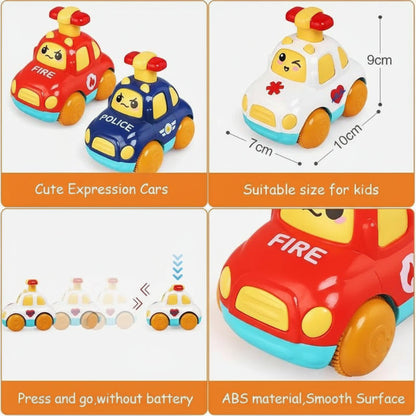 Colorful toy cars and traffic signs from a children's educational traffic signal set