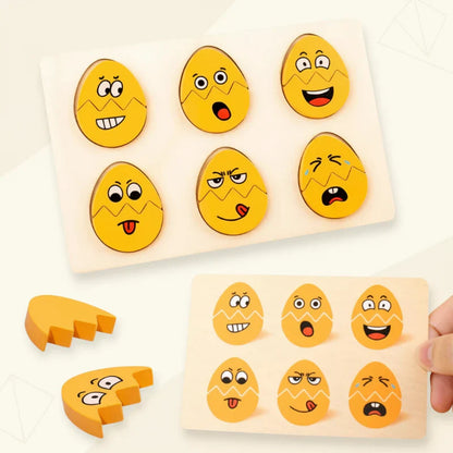 Toddler playing with wooden facial expression puzzle, learning about emotions