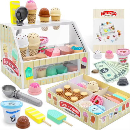Kids' educational wooden ice cream shop play set with colorful scoops for pretend play math skills.