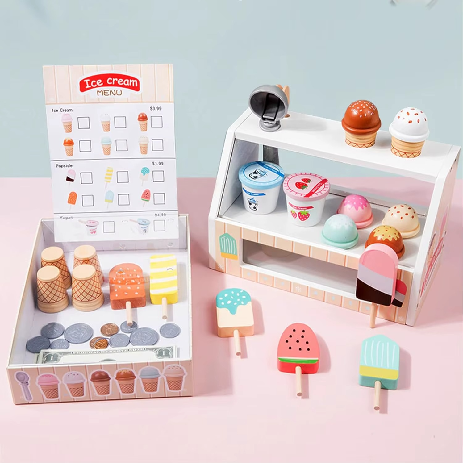 Kids' wooden educational ice cream set, great for role play, fostering math abilities and creativity.